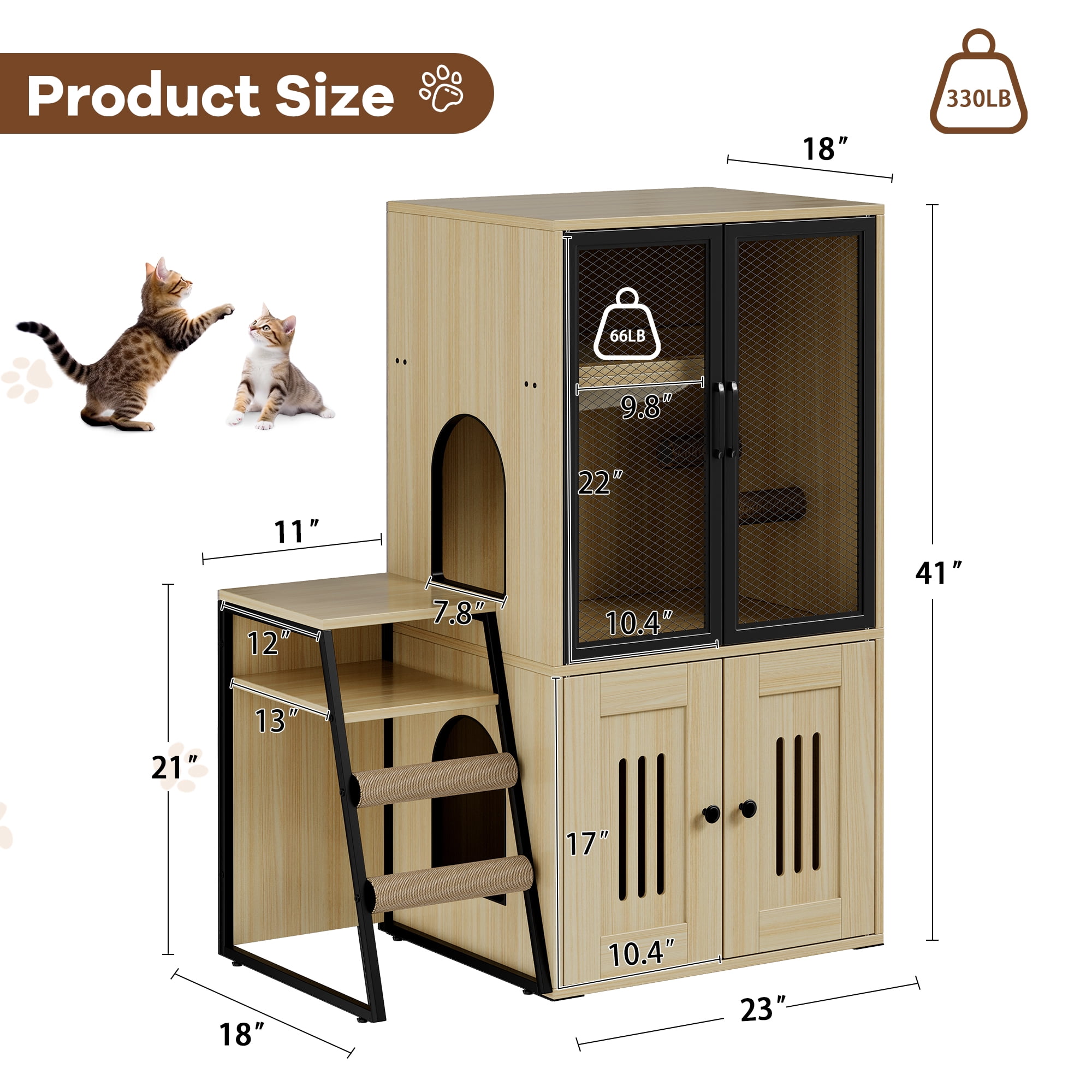 Roromall Cat Litter Box Enclosure for 2 Cats, Double Cat House with Doors & Storage Space, Enclosed Litter Box Furniture with Ladder