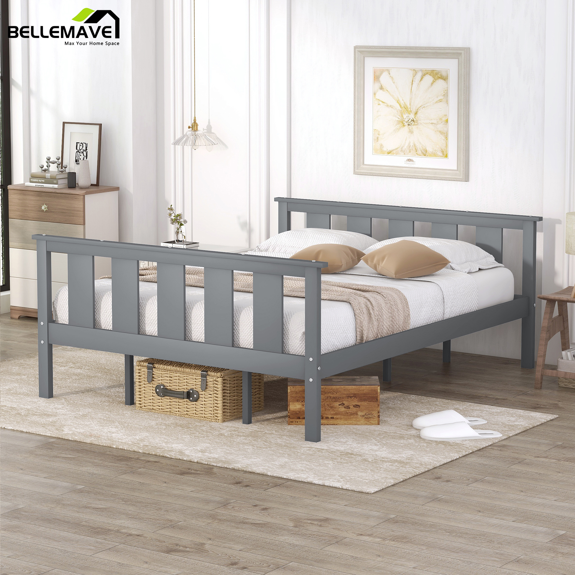 Bellemave Wood Queen Size Platform Bed Frame with Headboard and