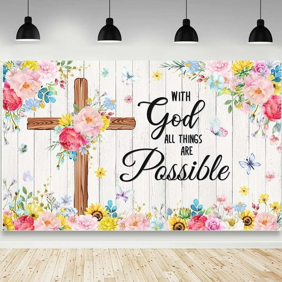 With God All Things are Possible Groovy Backdrop Religious Cross Faith Photography Background Spring Inspirational Sunflowers Flower Religious Party Decorations