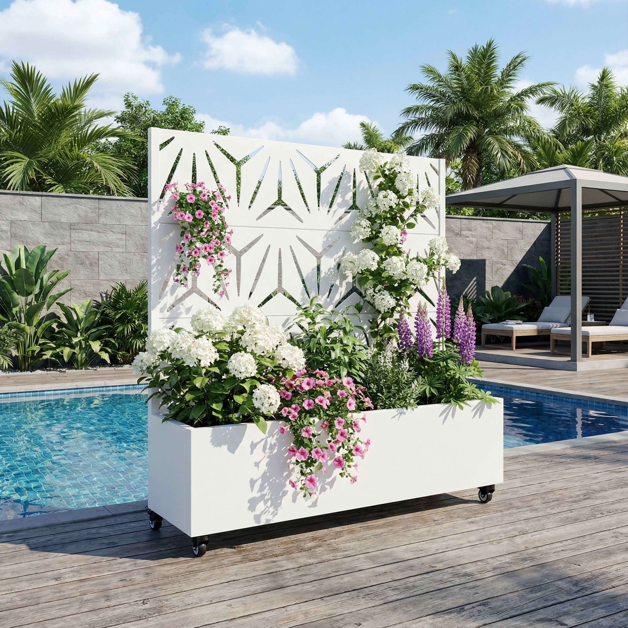MAYEERTY 47X47" Metal Outdoor White Privacy Screen with Planter Box for Backyard & Garden, 3 Piece Set