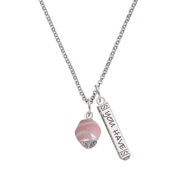 Delight Jewelry Silvertone Pink Softball with Stitching Spinner Silvertone Live the Life You Have Imagined Bar Charm Necklace, 23"