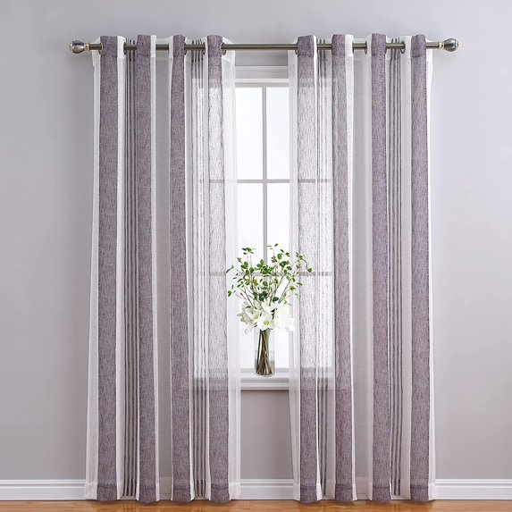 Coolmee Sheer Curtains for Living Room Bedroom, Grommet Voile Drapes, Stripe Faux Linen Window Treatments Semi Curtain, Purple, 52"X84", 2 Panels