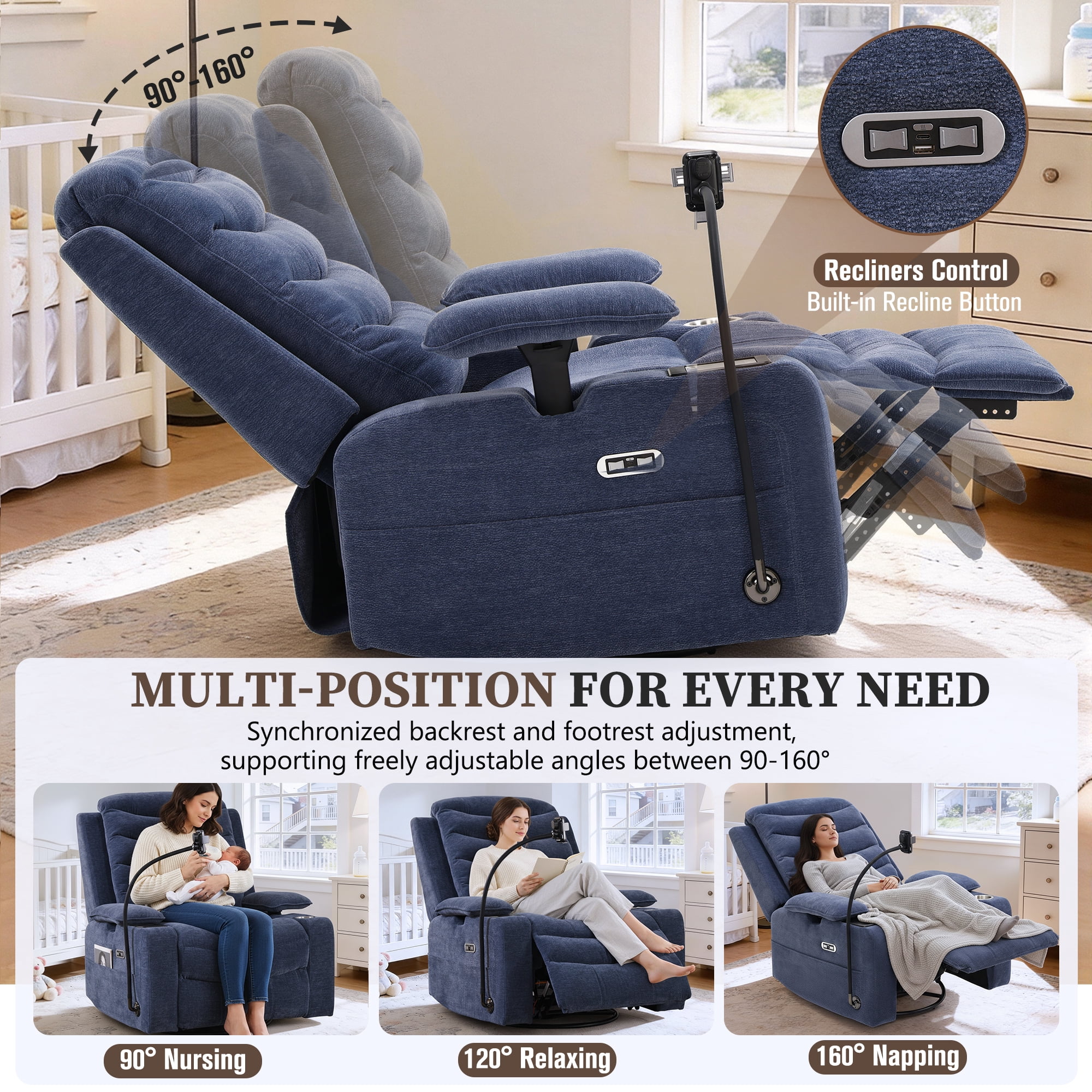 Holaki Power Recliner Chair, 270° Swivel Recliner with Heat & Lumbar Support, Modern Comfortable Chenille Rocker Recliner Nursery Chair with Smart Cup Holder & Adjustable Armrests for Nursing, Navy