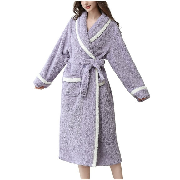 Penkiiy Womens Hooded Plush Bathrobe Warm Fleece Soft Long Robe Fuzzy Full Length Gown Shower for Women M Purple