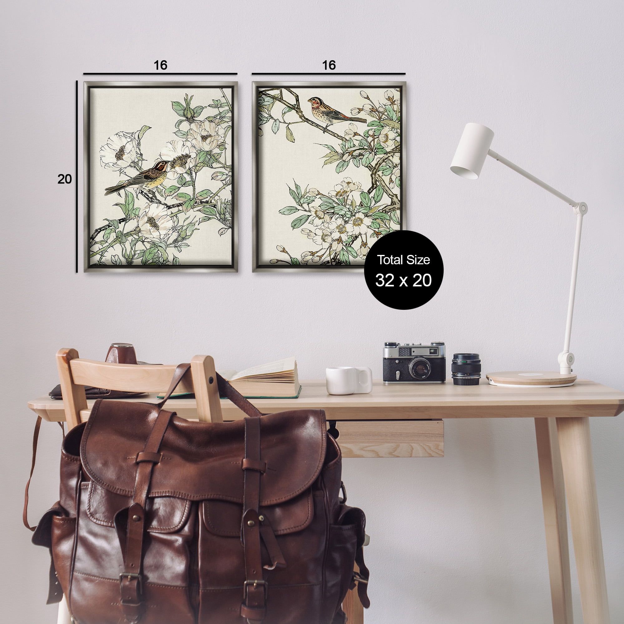 Stupell Industries Classic Sparrow on Blossoms Animals & Insects Painting Gray Floater Framed Canvas Art Print Wall Art, 17 x 21, Set of 2