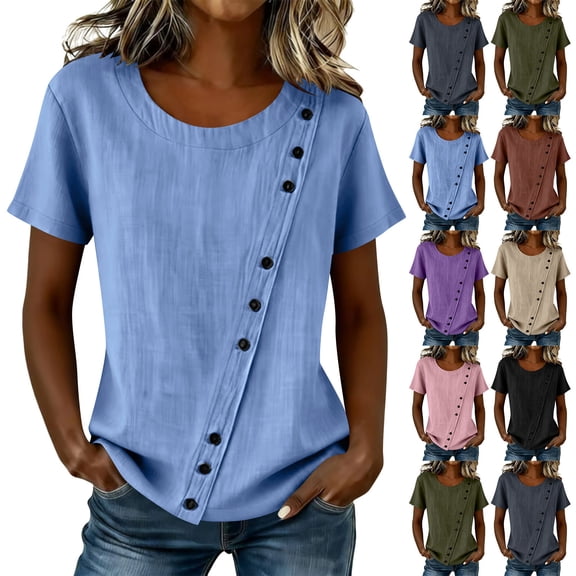 Avtoify Women Round Neck Linen Button Top Summer Top for Women Dressy Casual Short Sleeve Asymmetrical Blouse