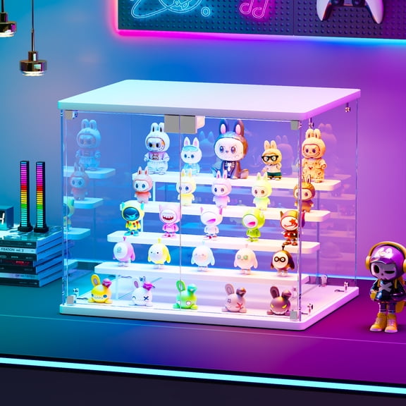 VKCC Display Case with Glass Doors & RGB Lights,4 Side Glass Doors,5-Tier Risers,Tabletop Clear Display Box for Collectibles,White