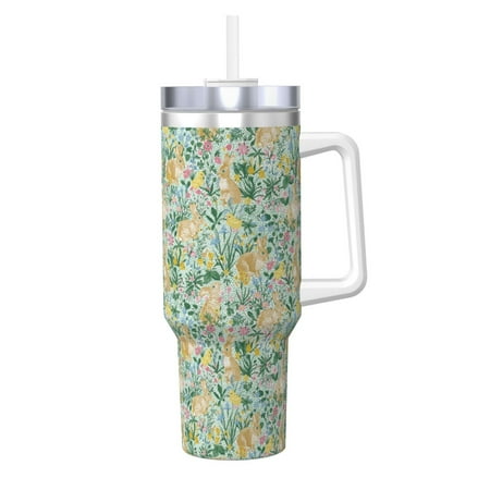 

Gaeub Rabbit And Chick Print Stainless Steel Hot/Cold Coffee Cup 40oz Ice Bully Cup With Handle And Straw Travel Coffee Cup