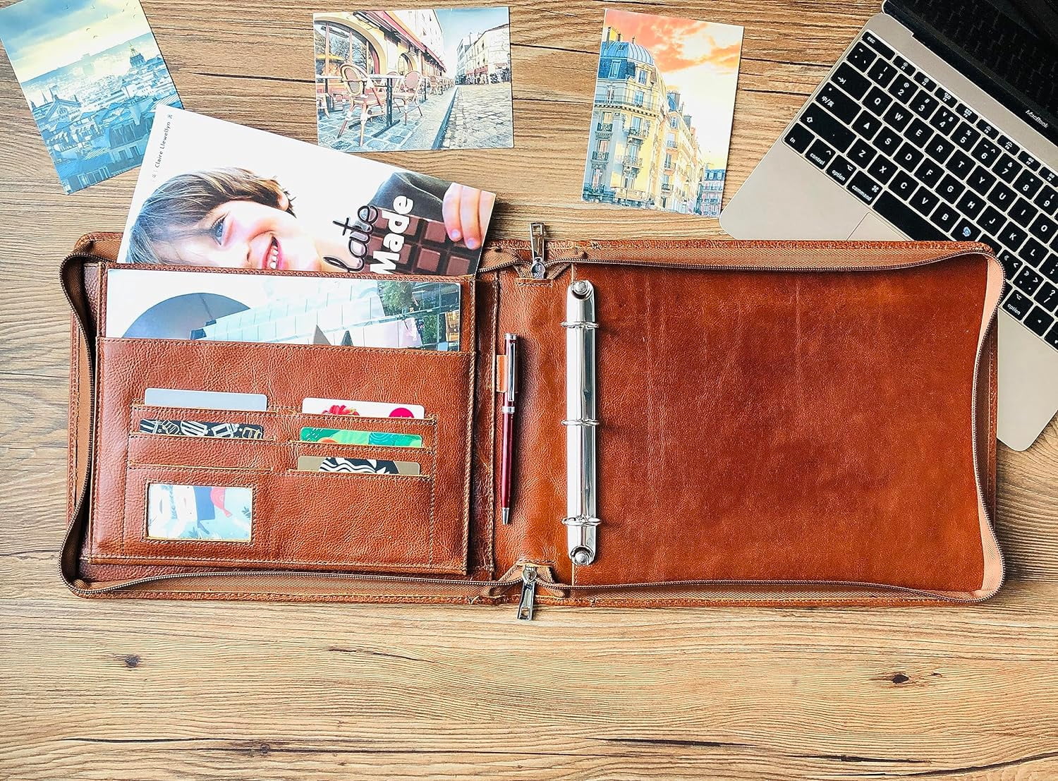 3 Ring Check Binder, Genuine Leather Check Book Portfolio for 3 Ring Binder, or 9 Ring Binder, Pilot Log Book Binder, Leather Journal for 11 1/4"x9" (Custom Logo/Name, Oil Wax Brown)