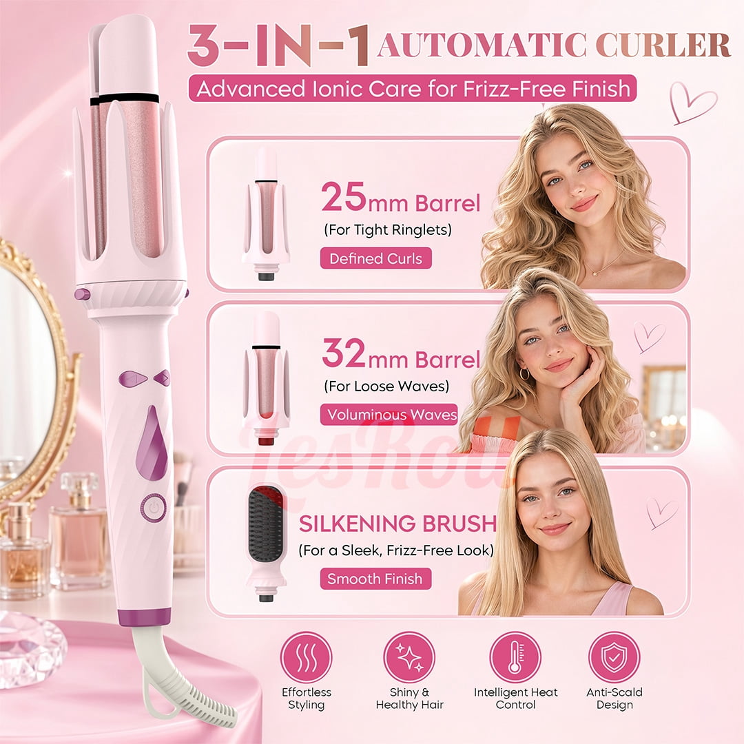 3-in-1 Curling Iron Set, Pink Blowout Waves, 1” & 1.25” Barrels with Straightener Brush for Everyday Curls & Loose Waves