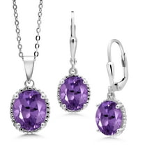 Gem Stone King 925 Sterling Silver Purple Amethyst Pendant and Earrings Jewelry Set for Women (6.40 Cttw, Gemstone Birthstone, Oval 11X9MM and 9X7MM, with 18 inch Silver Chain)