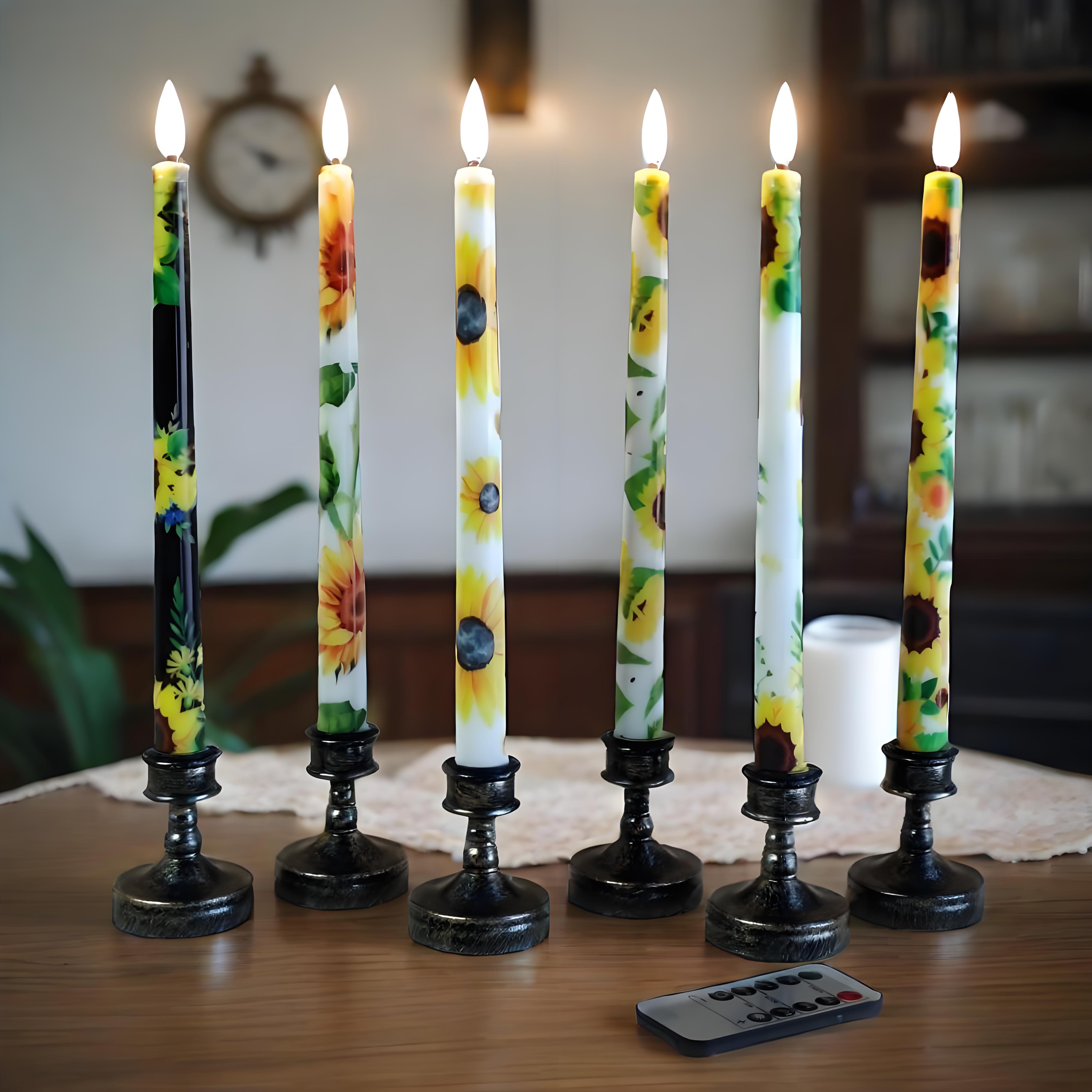XINAOBAOLUO 6 PCS Sunflower Flameless Taper Candles Battery Operated LED Golden Bloom Decor Flameless Taper Candle Sticks Flower Home Decor