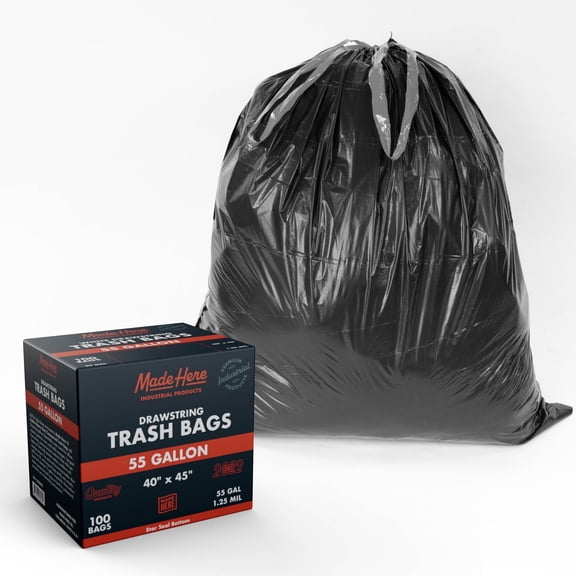 Made Here Co. Coreless 55-Gallon Drawstring Office Commercial Trash Bags, 100 Bags