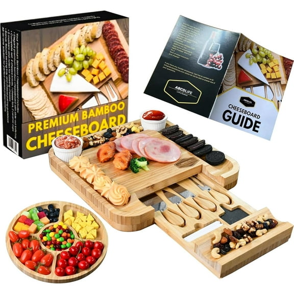 Charcuterie Board Cheese Board Set Portable Serving Platter for Cheese, Meat, Fruits & Snacks with 4 Knives, 2 Bowls & Labeling Tool, Perfect Housewarming Gifts for Women