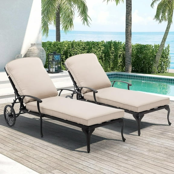 Villeston Outdoor Recliner, Cast Aluminum,with Wheels and Adjustable, set of 2,Beige Cushions