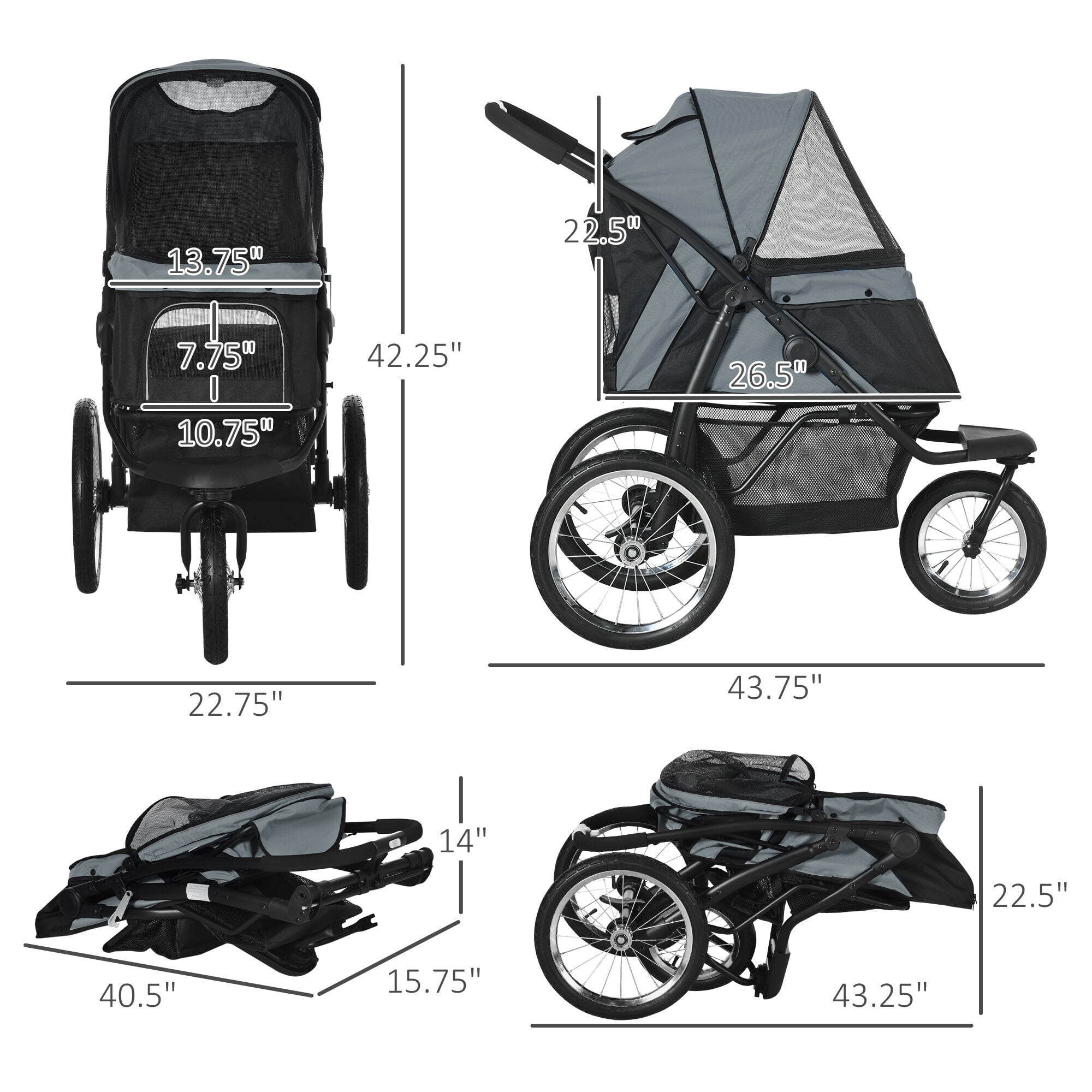 Dog Bed PawHut Pet Stroller for Small and Medium Dogs, 3 Big Wheels Foldable Cat Stroller with Adjustable Canopy, Safety Tether, Storage Basket, Gray,Large Dog Bed