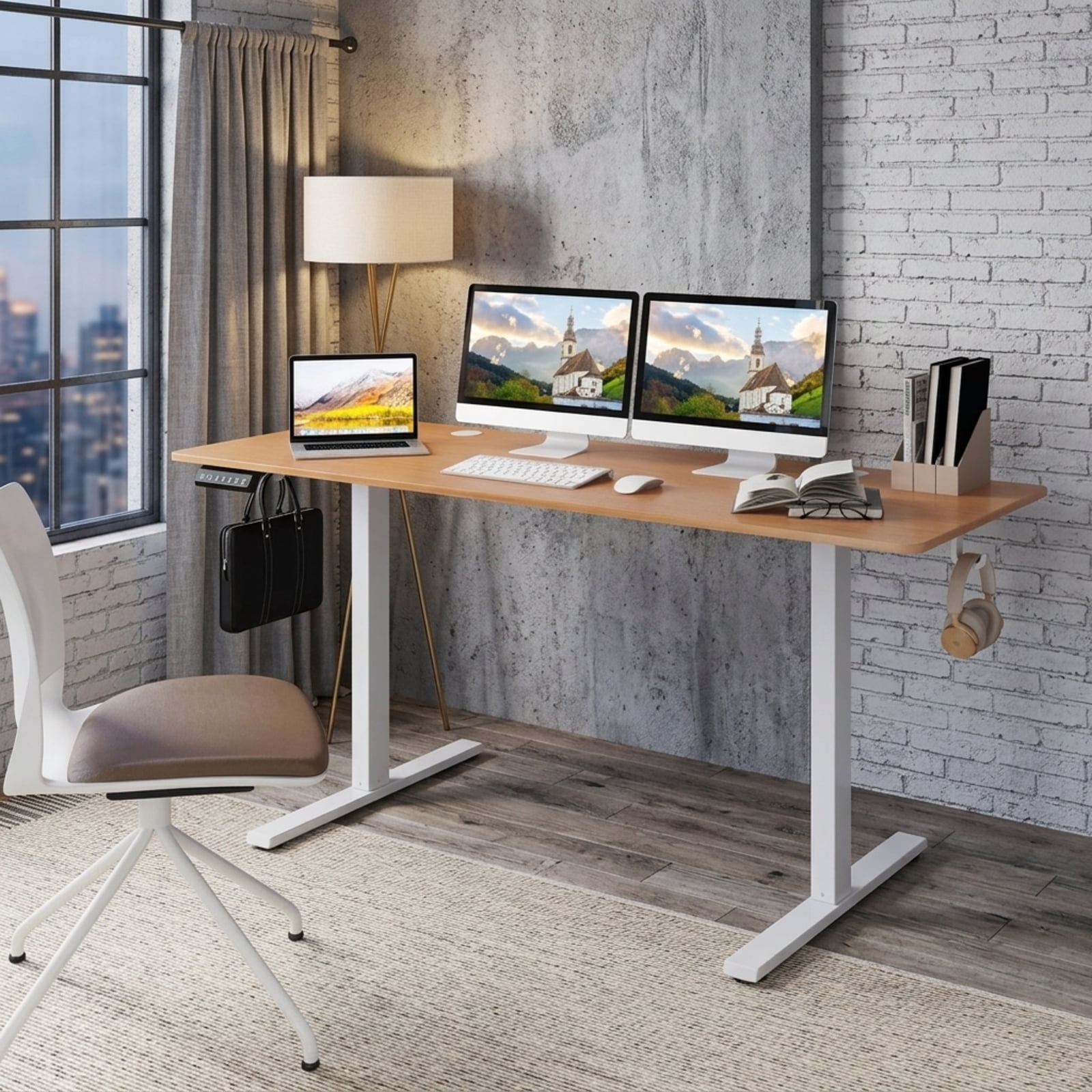 Furnibear Electric Standing Desk with 3 Memory Heights Adjustable Height Sit Stand Home Office Desk with Hooks and Cable Holes, Natural