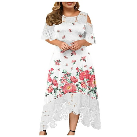 

Juebong Women s Fashion Plus Size Round-Neck Printed Lace Patchwork Long Dress Short Sleeve Dress