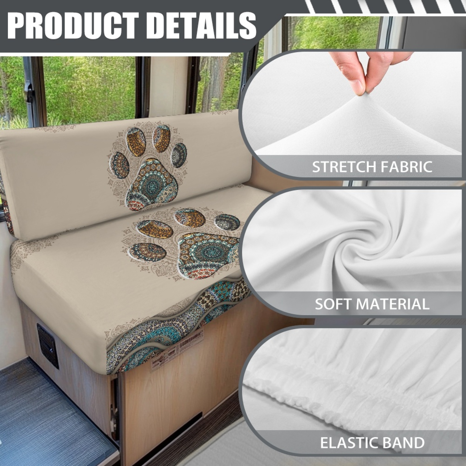 FORUDESIGNS Boho Mandala Dog Paw Print 2 Pcs RV Dinette Cushion Covers Waterproof Camper Cushion Slipcover Stretch Sofa Furniture Protector Include1 Backrest Covers and 1 Bench Covers