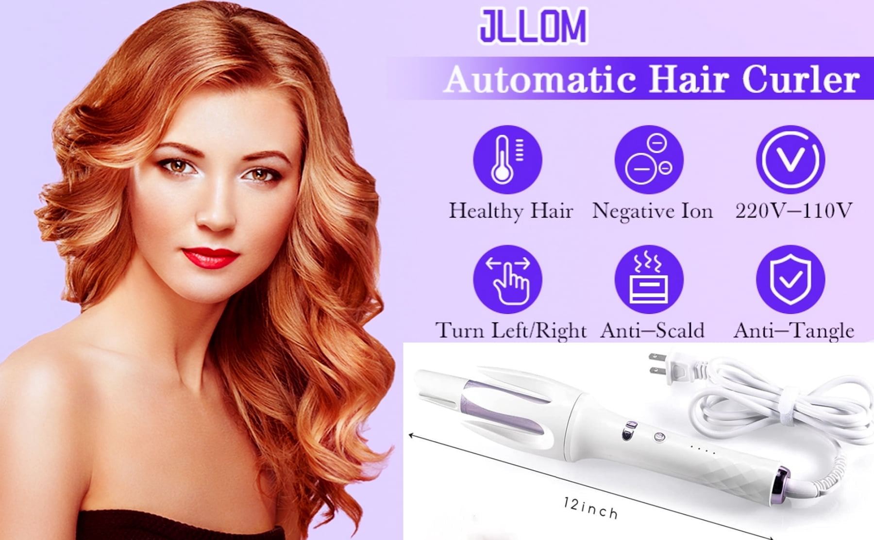 JLLOM Automatic Curling Iron Auto Hair Curler with 3 Temps Fast Heating Left&Right Rotating Curly Wand(White)