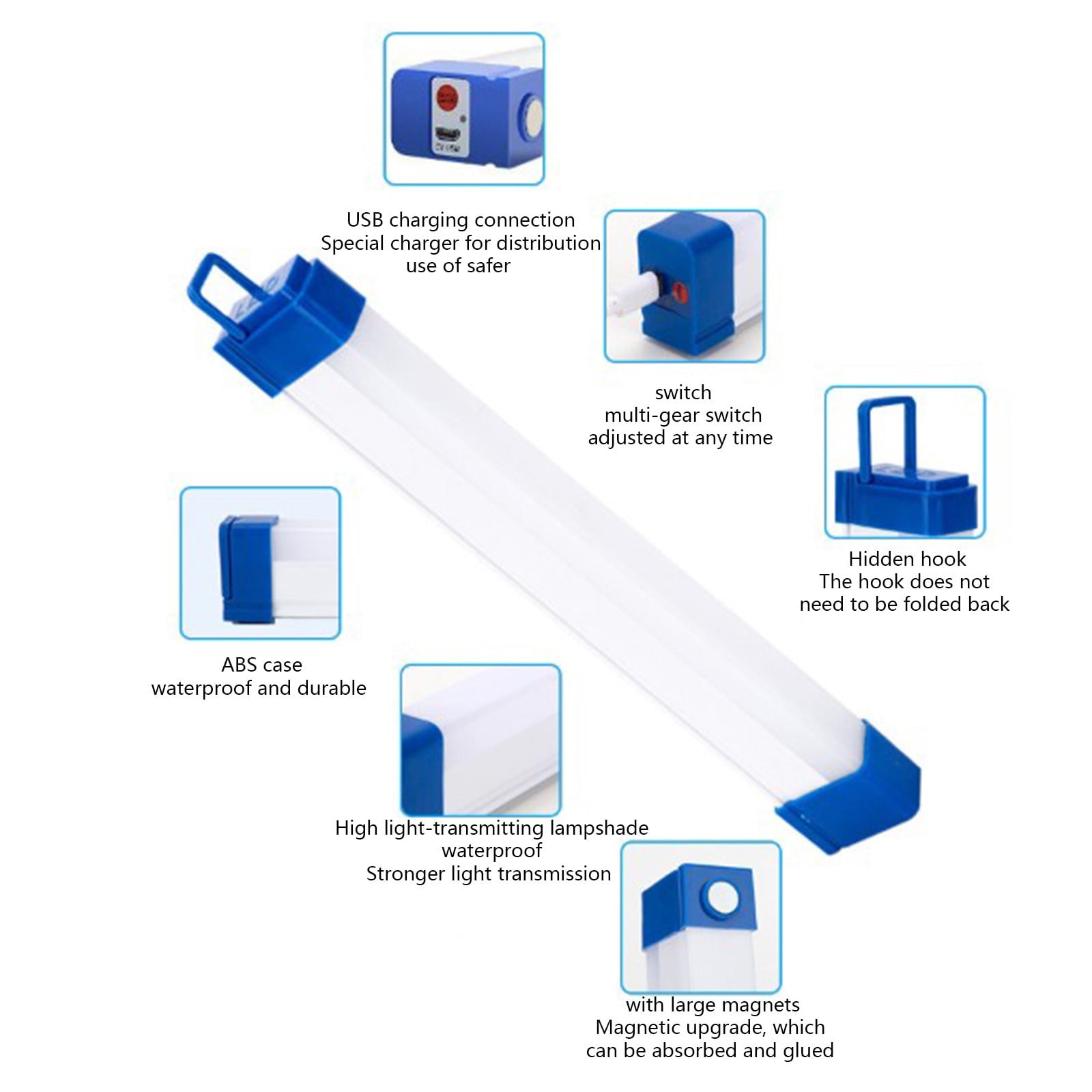 LED Emergency Light Tube USB Rechargeable Three-Speed Dimming Magnetic Hook 12.6 Inch Blue Rainproof Camping Power Outage Lamp