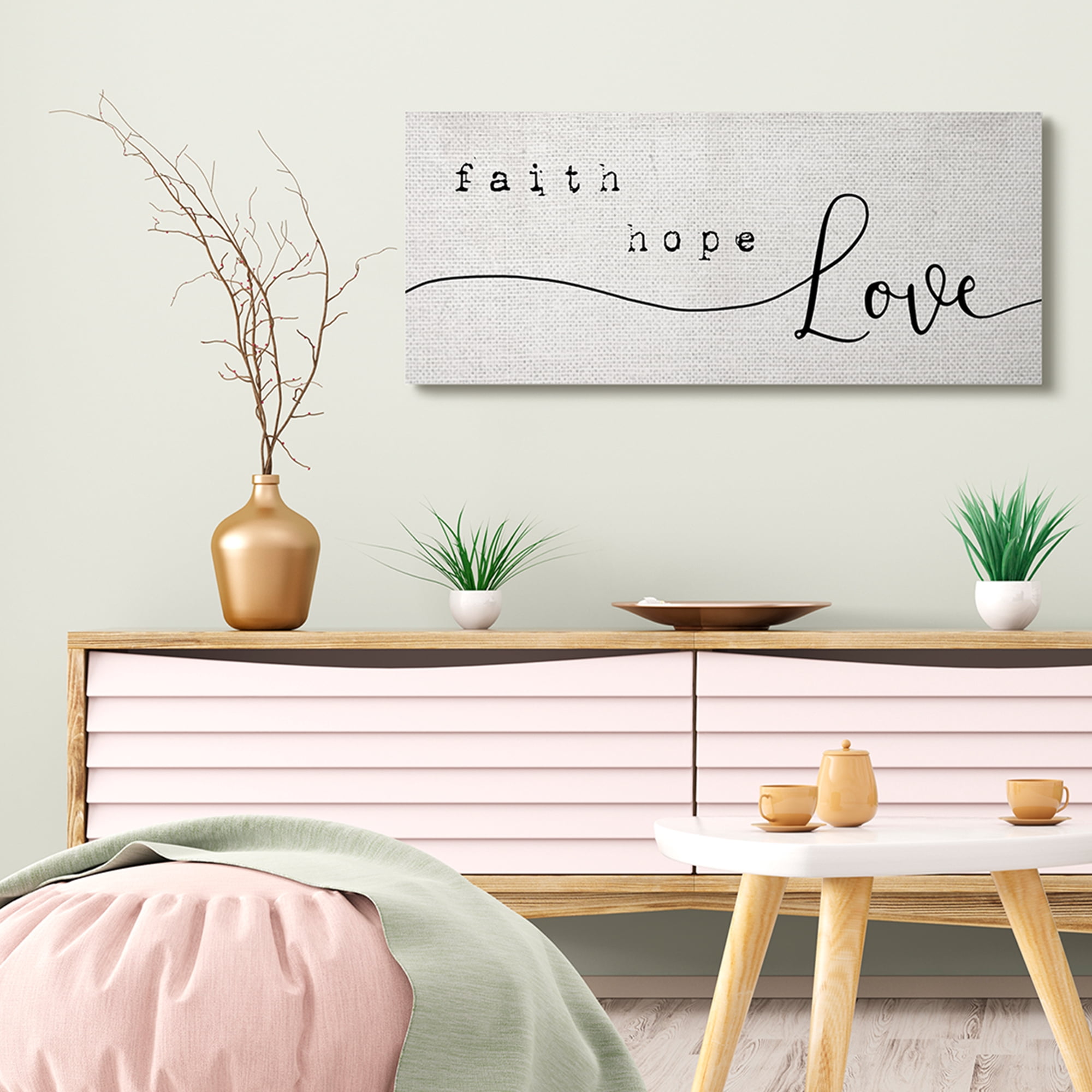 Stupell Industries Faith Hope Love Phrase Charming Cursive Script Religious Painting Gallery Wrapped Canvas Art Print Wall Art, 17 x 40