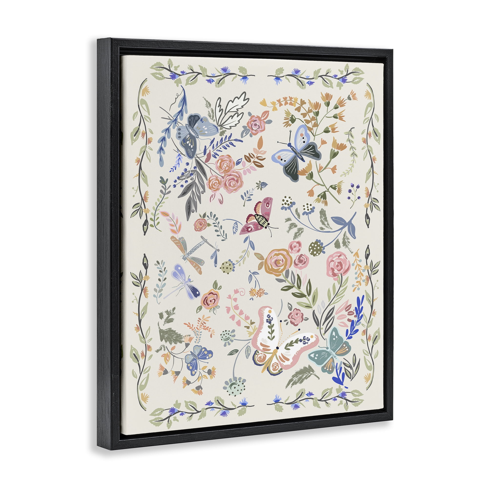 Stupell Industries Flowers & Garden Friends Animals Painting Black Floater Framed Canvas Art Print Wall Art, 25 x 31