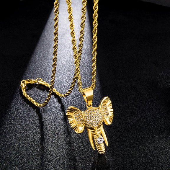 14K Yellow Gold Chain Cute Gypsophila Hollow Elephant Pendant Necklace for Men Women, Exquisite Animal Jewelry Gift