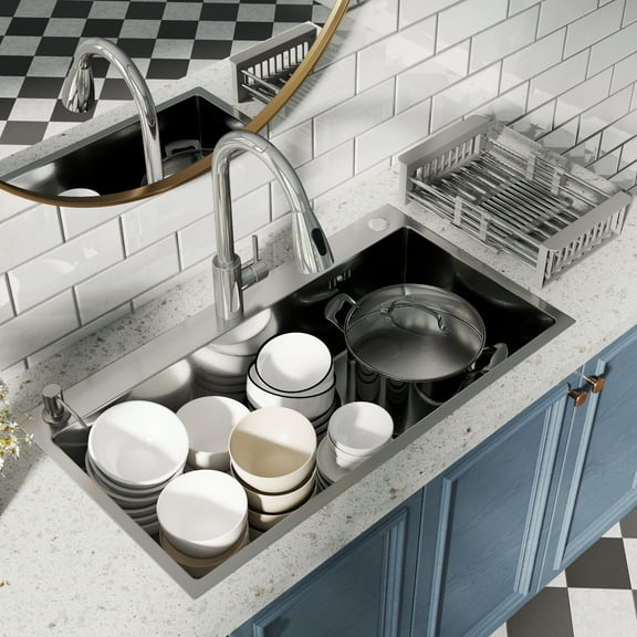 Kviwasha 28x18 Undermount Kitchen Sink Single Bowl Basin Stainless Steel Kitchen Bar with waste kit and Mixer Taps set