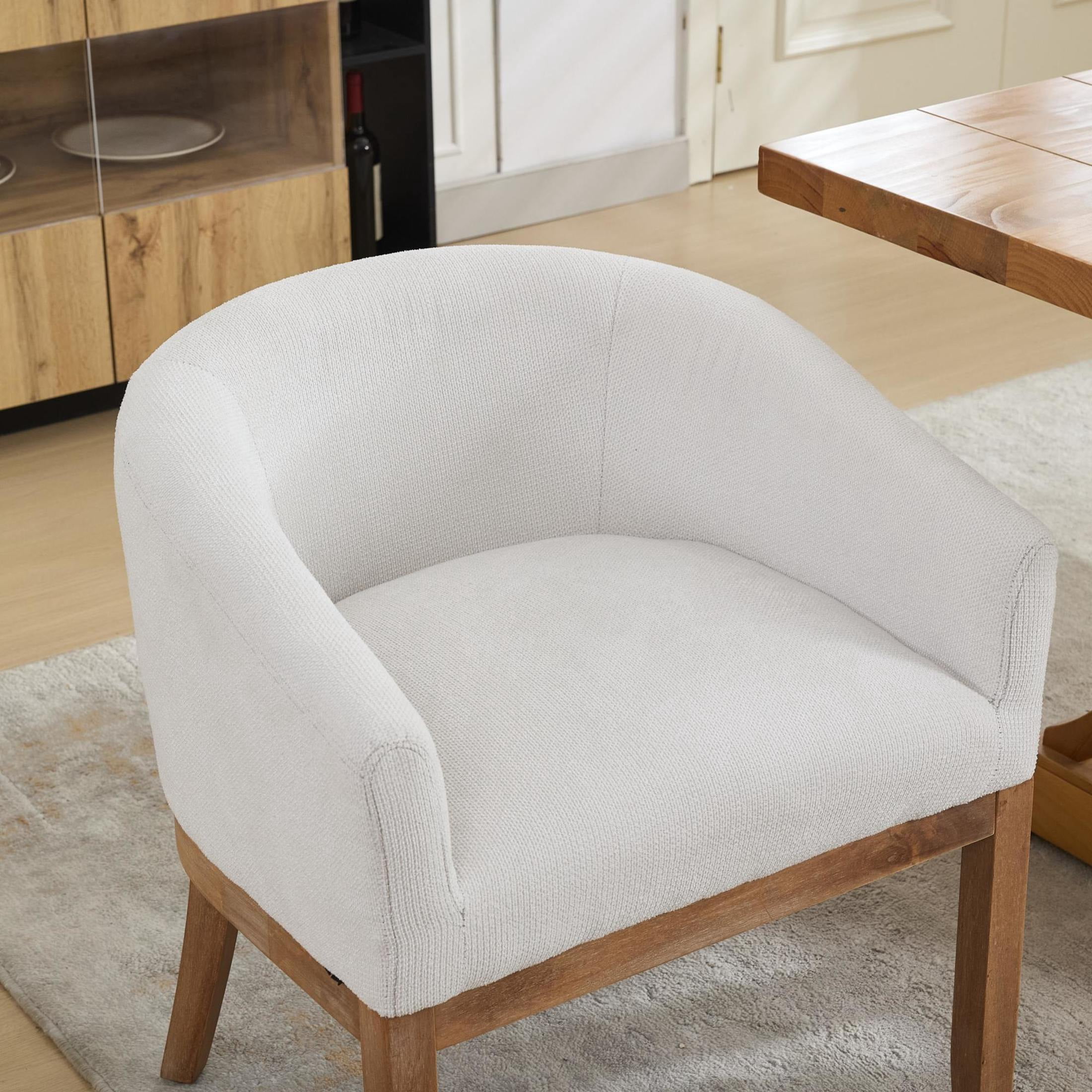 Noble House Barrel Dining Chair with Arms, Linen Upholstery, Rubberwood Frame, Beige