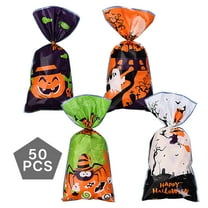 CCOCC 50Pcs Halloween Treat Bags,Plastic Halloween Haunted House Halloween Gift Bags,Flat Bag with Twist Tie Halloween Bags,Multicolor