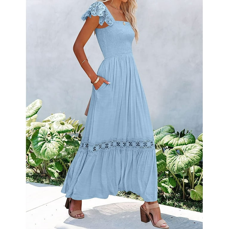 QWZNDZGR Women's Summer Lace Strap Sleeveless Square Neck Smocked High Waist Ruffle Hollow Out Flowy A Line Maxi Dress
