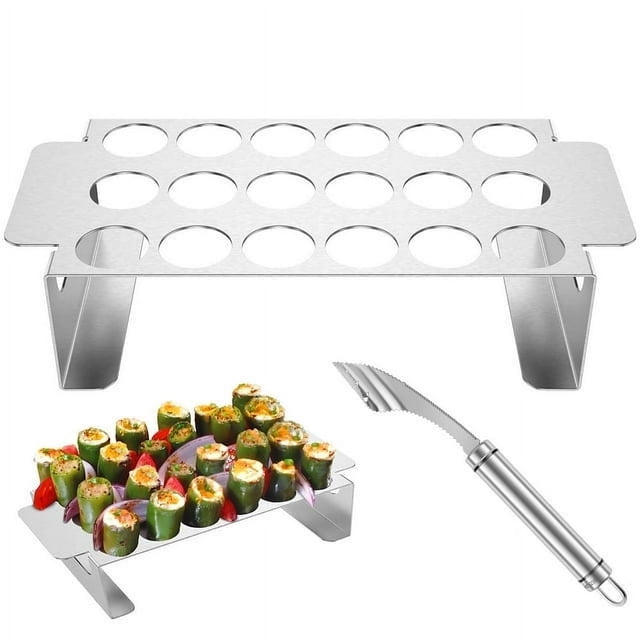 HLONK 2Pcs Jalapeno Grill Rack with Pepper Corer Tool 18 Holes Pepper Grilling Rack Stainless Steel Chili Roasting Rack BBQ Pepper Holder