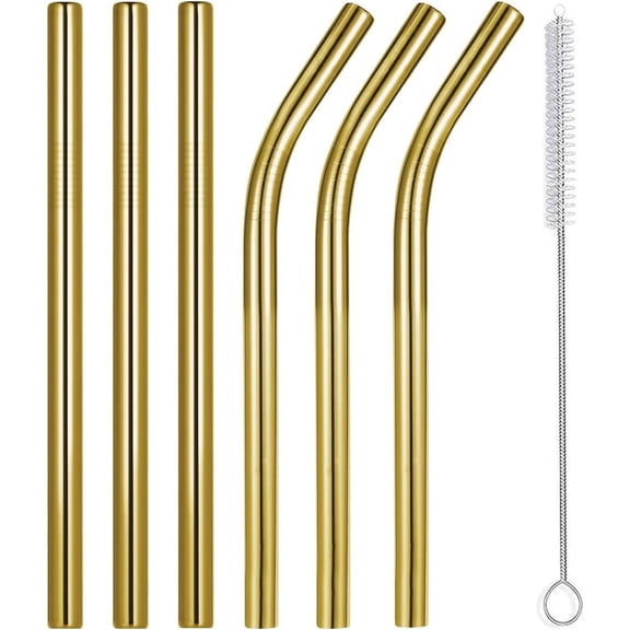 Sinvic Jumbo Smoothie and Milkshake Metal Straws, 10mm Wide for Boba, 8.5 Inch Long for 30oz Tumbler, Stainless Steel, Gold, 2 Straight and 2 Bent with 1 Cleaning Brush