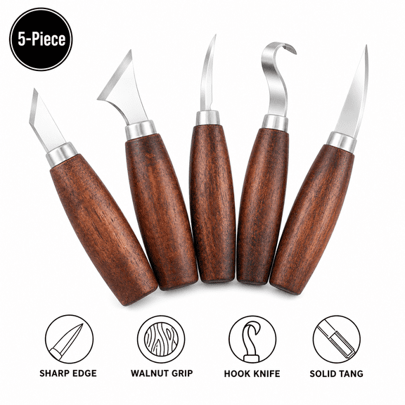 5-Piece Whittling Knife Set with Walnut Handles for Wood Carving