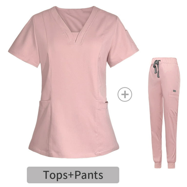 IROINNID Scrubs Sets for Women Medical Uniform Short Sleeve Tops and Pants  with Pockets Two-Pieces,Pink 