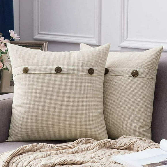 QUTETN Cream White Linen Decorative Throw Pillows 18x18 Inch Indoor Decor Pillows With 3 Vintage Buttons for Living Room Bedroom Throw Pillows
