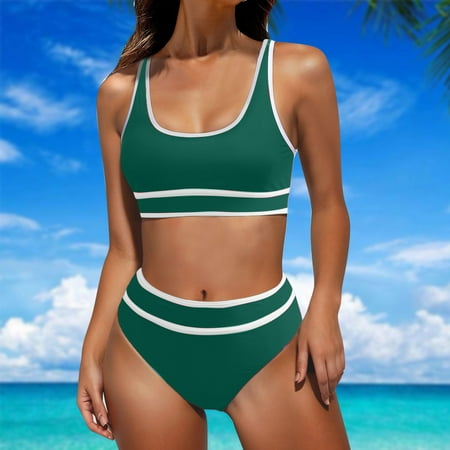Qetyuw Women s High Waisted Bikini Sets Sporty Two Piece Swimsuits Color Block Cheeky High Cut Bathing Suits Casual Beach Swimwears for Teen Girls