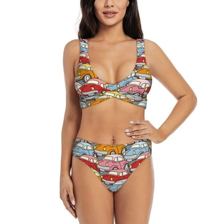 Zeuib Cute Cars High Waisted Tummy Control Bikini Set - Knot Front Push Up Top & Cheeky Thong Bottom  Two-Piece Swimsuit for Women-XX-Large
