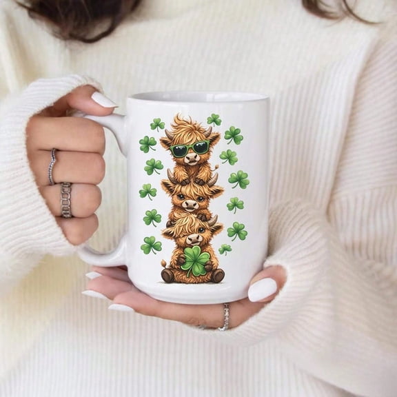 Funny Highland Cow St. Patrick's Day Mug, Lucky S1HAmR1OCk Cow Coffee Cup, Cute Irish Cow Gift