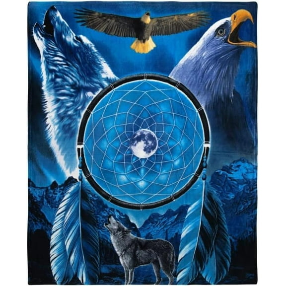 Dawhud Direct Dreamcatcher Fleece Blanket for Bed 50 x 60 inches Eagle Dreamcatcher Fleece Throw Blanket for Men, Women uand Kids Super Soft Plush Wolf Blanket Throw Plush Blanket Wolf Gifts