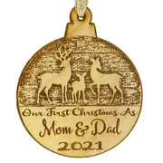 Mom and Dad's First Christmas Christmas Ornament (2021) - New Born Reindeer Design- Year and New Parents Engraved Baby First Christmas Gift Baby Shower Holiday Wood