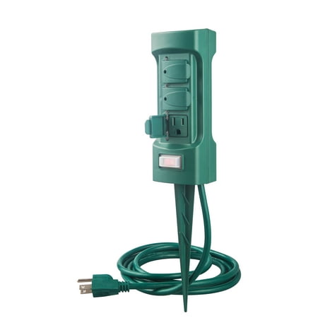 Outdoor Outlet Store MaxWorks 80710 6-Outlet Double Sided Outdoor Power Stake with Covers-14 AWG x 3C-with Overload Protection-ETL Certified, 6 Ft. Green ()