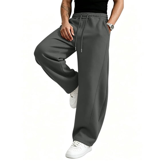 Nestiefly Men's Baggy Sweatpants Wide Leg Sweat Pants Fleece Lounge Cotton Loose Elastic Drawstring Waist Pants with Pockets Dark Gray M