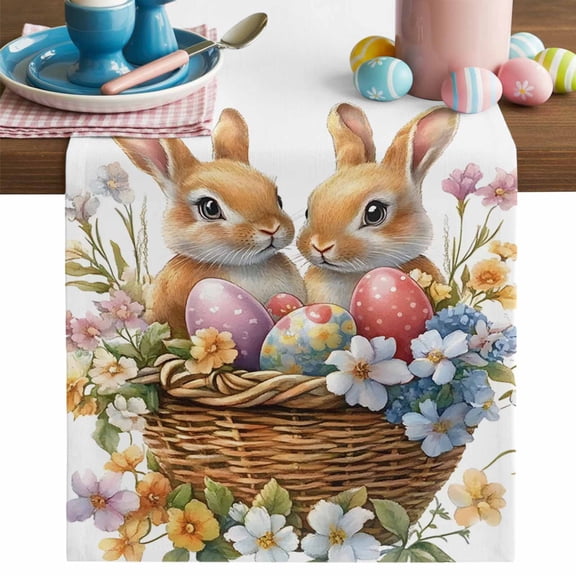 Easter Basket Bunny Table Runner, Watercolor Red Purple Eggs Spring Blue Pink Flower Leaf Cotton Linen Kitchen Table Decoration Washable Dining Tabletop Runners for Home Party Decor 13x48 Inches