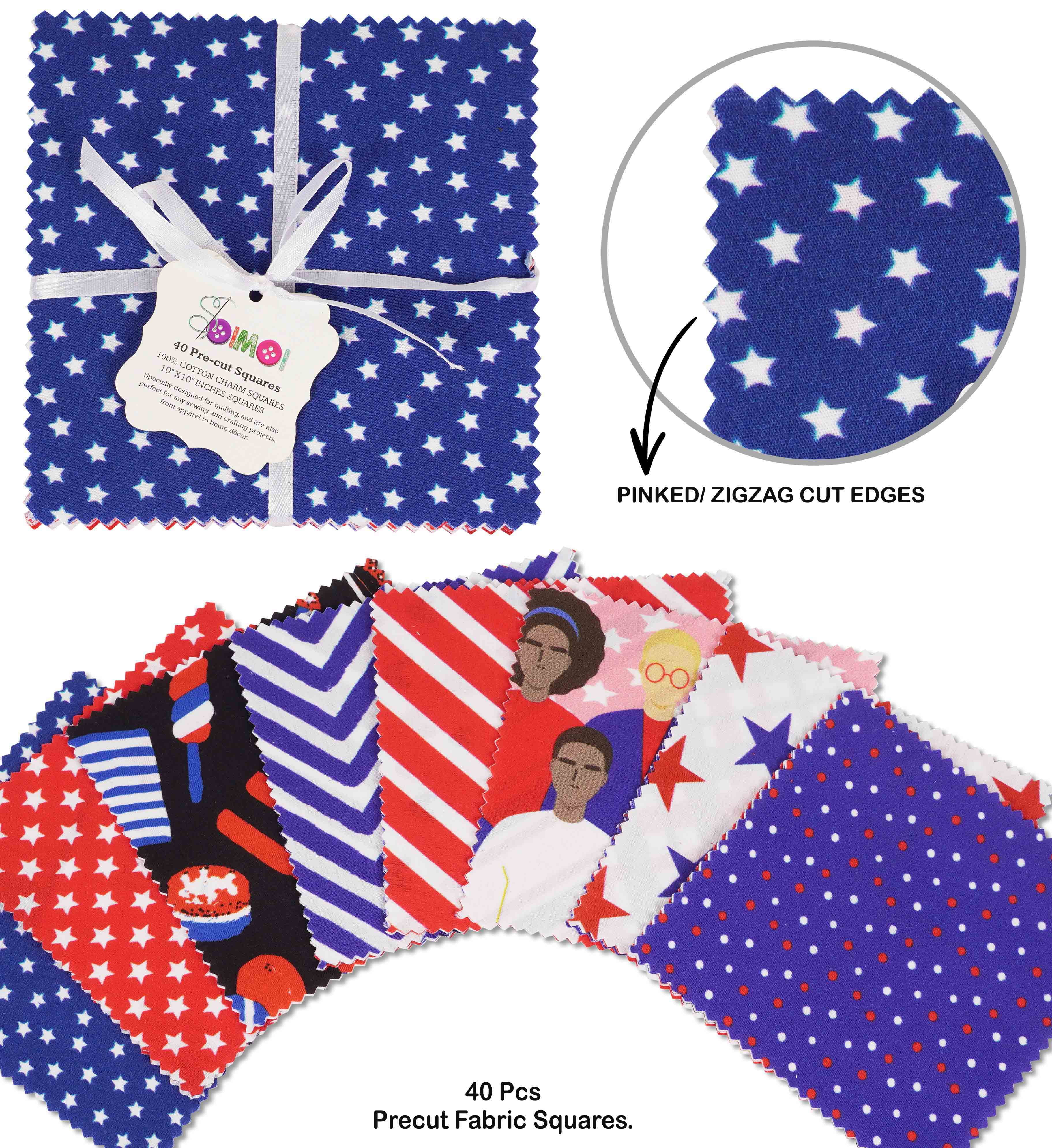 Soimoi Precut 10-inch American Flag Color Prints Cotton Fabric Bundle Quilting Squares Charm Pack DIY Patchwork Sewing Craft- Red, Blue & White