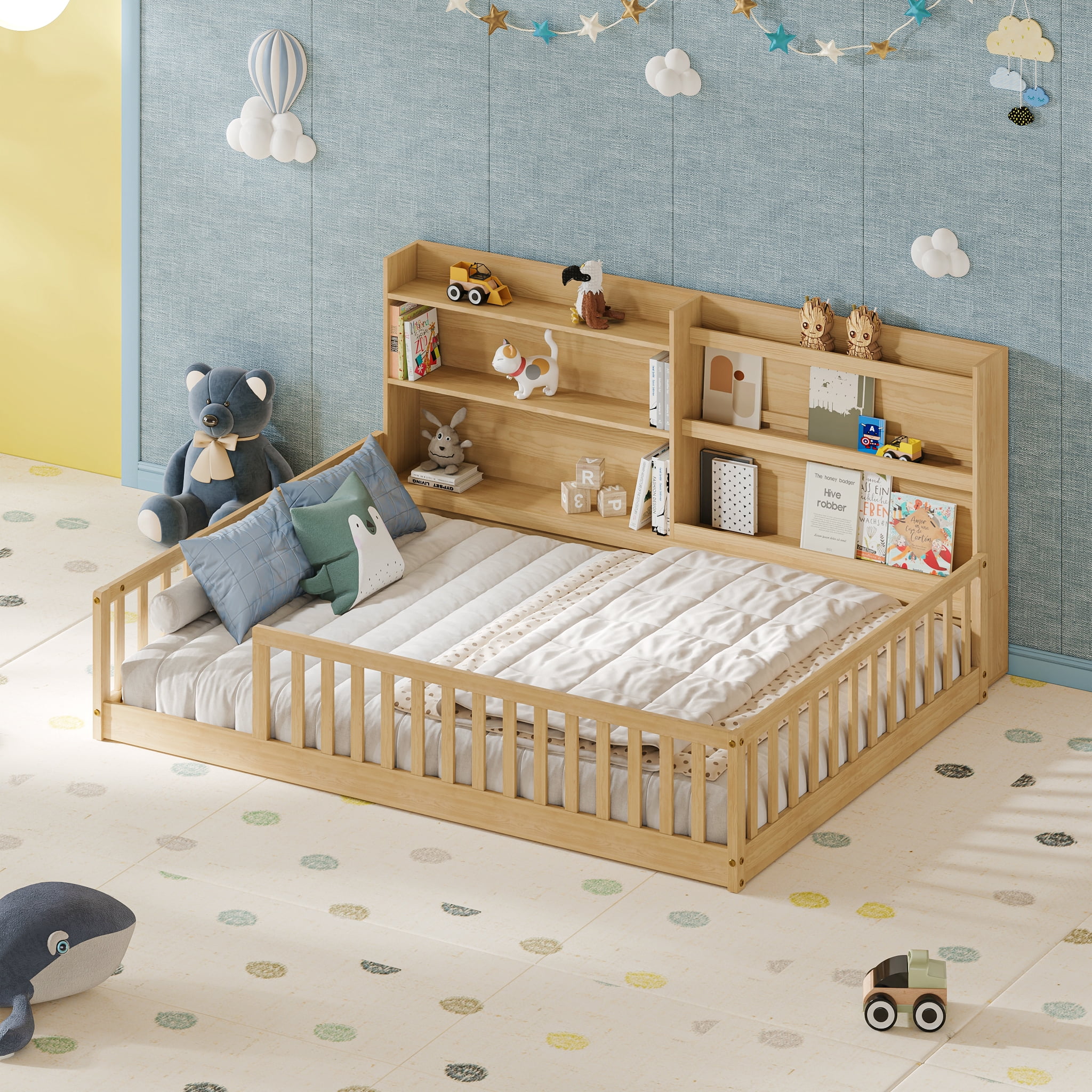 Garitin Full Floor Bed and Montessori Kids Bed 77.2 Inch, Solid Pine Wood Frame with Bookshelf and Safety Rails for Children Bedroom, Natural