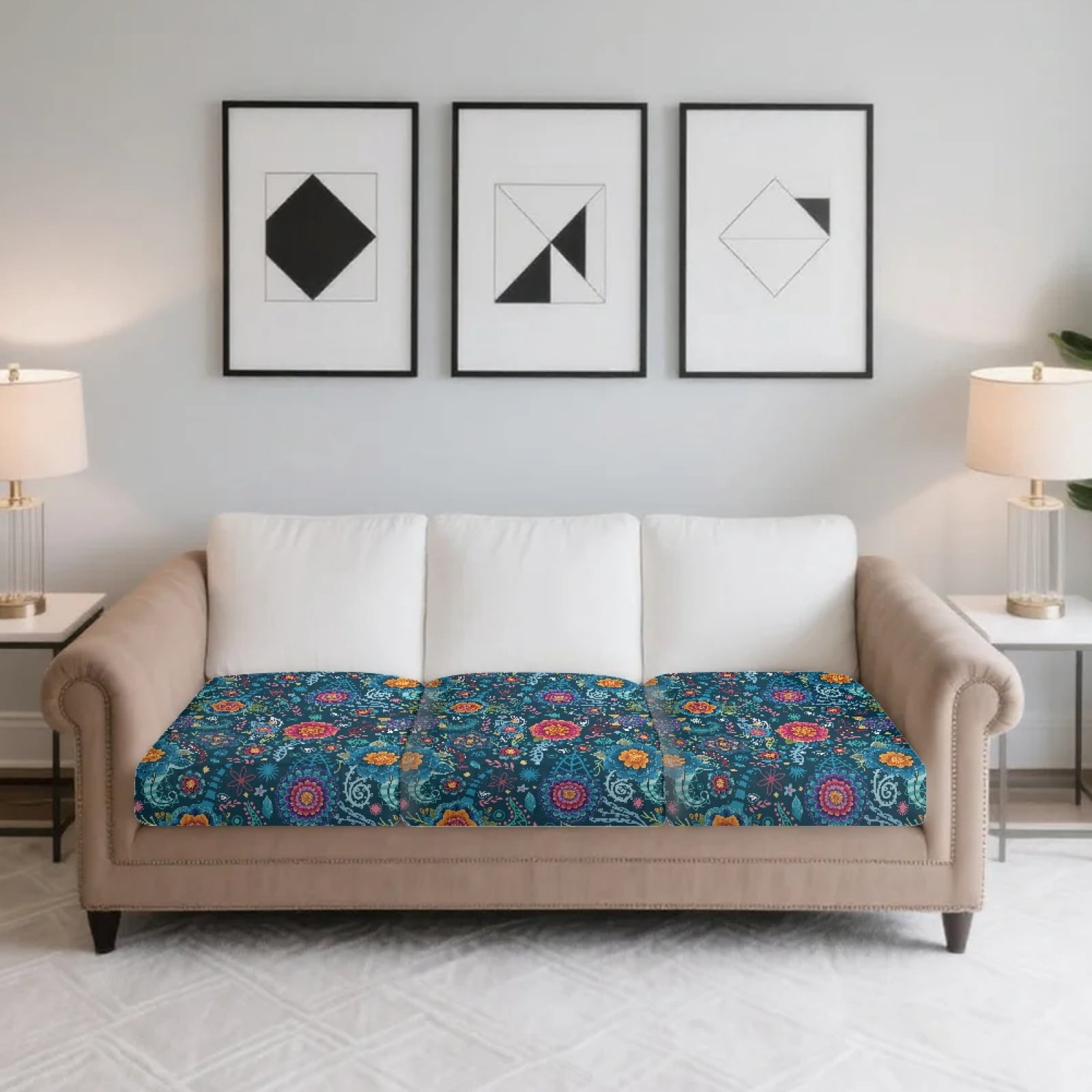 COEQINE Sofa Cushion Slipcover 3 Pieces Elastic Couch Cushion Cover Universal Armchair Couch Cover Furniture Protector Chair Slipcover with Elastic Bands, Blue Boho Mandala Floral Paisley Pattern