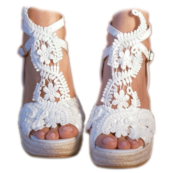 MiLanolce Sandalias de plataforma para mujer, cuña, punta abierta, correa en el tobillo, zapatos de boda de encaje, zapatos de dama de honor, color blanco, talla 6