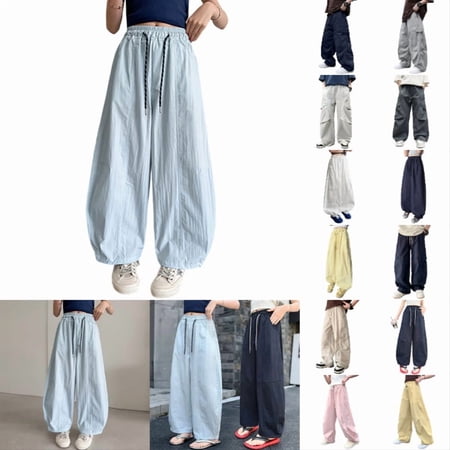 Krdevn Kids Lightweight Cargo Pants Elastic Drawstring Wide Leg Casual Summer Trousers Light Blue 15-16 Years